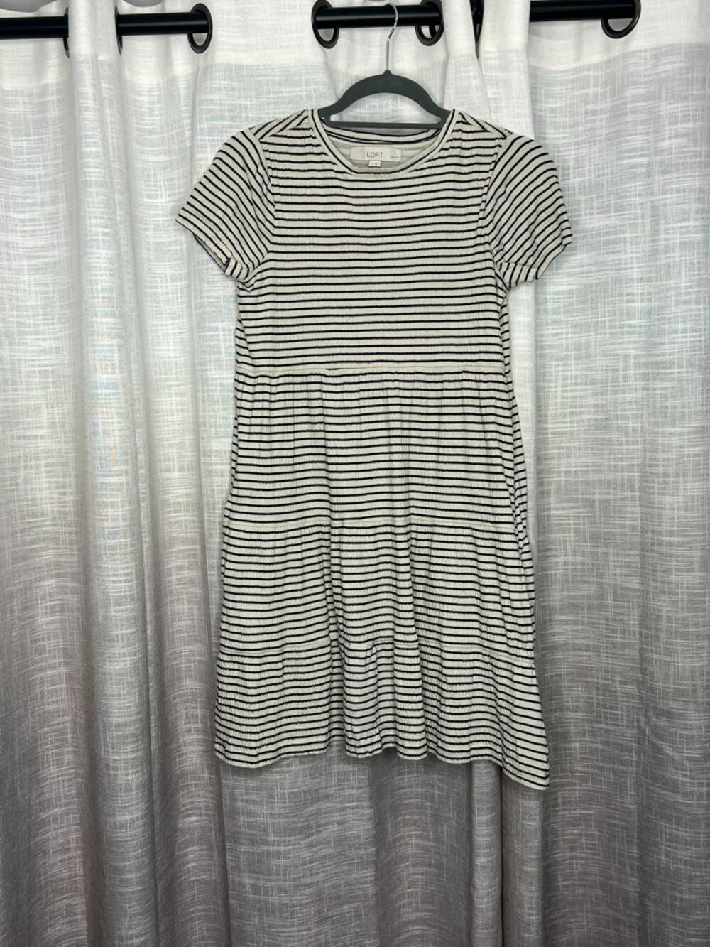 Loft Black and Off White Striped Tiered Dress